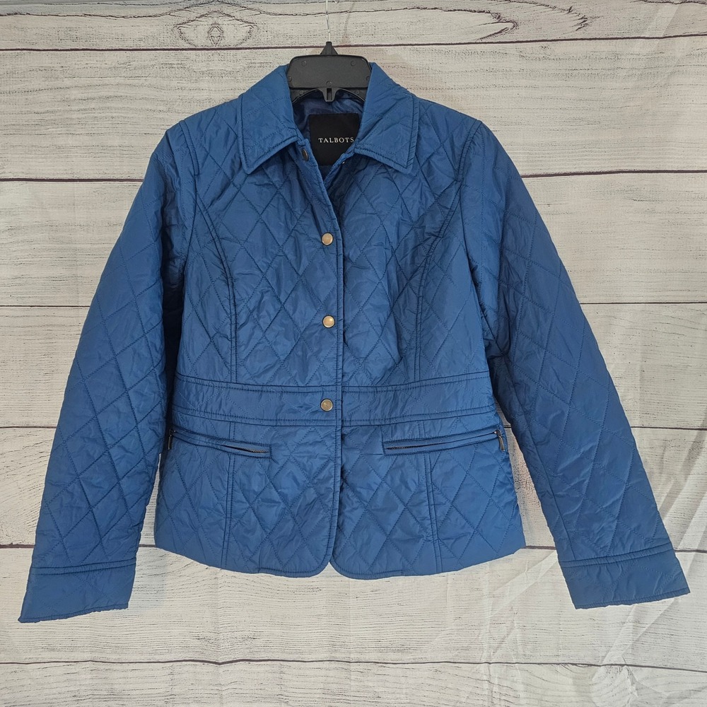 TALBOTS S Small Lightweight Quilted Jacket Blue Snap Front Zip Pocket L732
